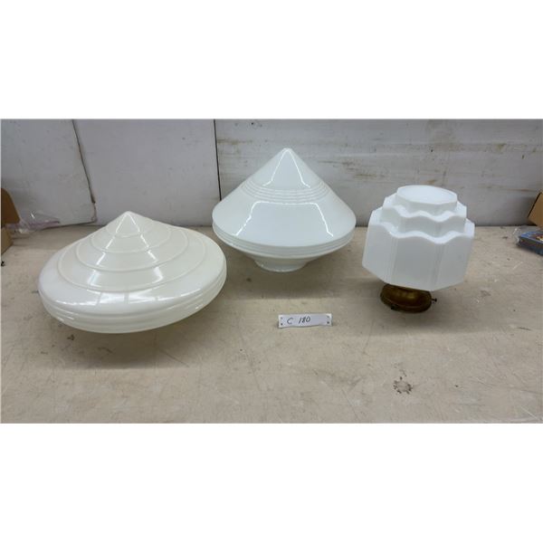 Three Vintage White Milk Glass Light Shades with Art Deco Stepped Octagonal Design and More