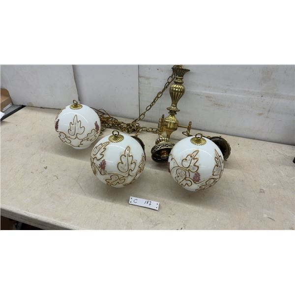 Vintage Three-Light Brass Chandelier with Opal Glass Grape and Vine Globes