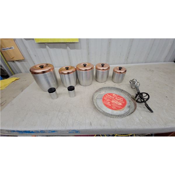 Vintage Aluminum Canister Set with Copper Lids, Rotary Hand Mixer, and More