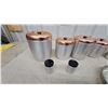 Image 2 : Vintage Aluminum Canister Set with Copper Lids, Rotary Hand Mixer, and More