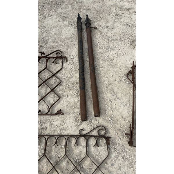 Vintage Wrought Iron Fence Sections with Decorative Scrollwork 69" 70" 36" and Finial Posts