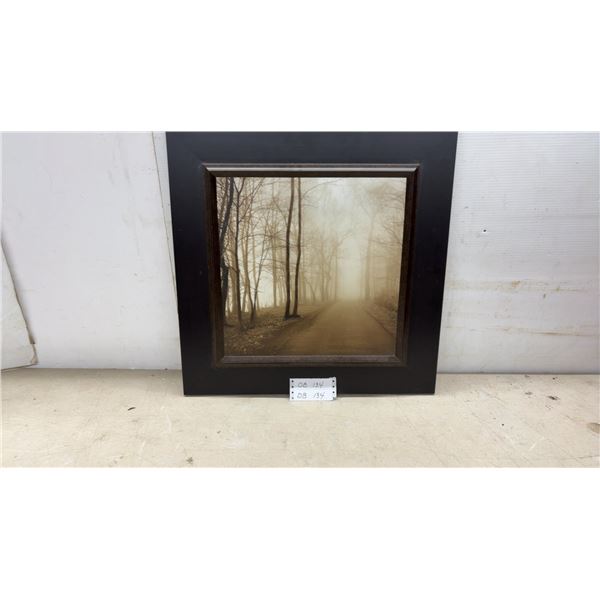 Framed Sepia-Tone Photograph of Foggy Forest Path with Bare Trees, Black Frame, 23 1/2 x 23 1/2"