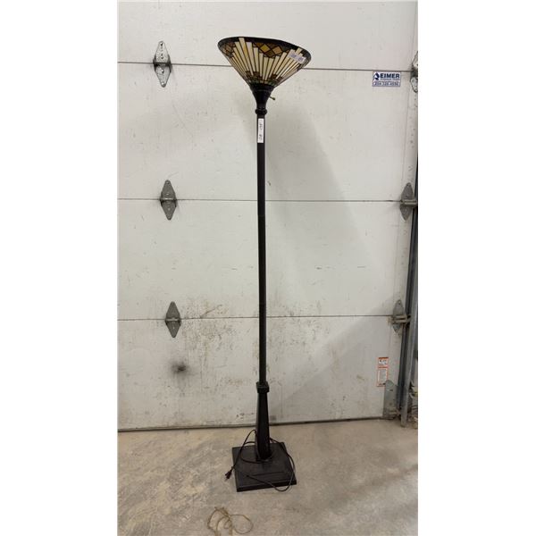 Tiffany-Style Stained Glass Torchiere Floor Lamp with Geometric Shade and Metal Base, 70" Tall