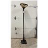 Image 1 : Tiffany-Style Stained Glass Torchiere Floor Lamp with Geometric Shade and Metal Base, 70" Tall