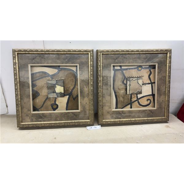 Pair of Framed Contemporary Abstract Mixed Media Artworks with Metallic Embellishments, 22 1/2 x 22