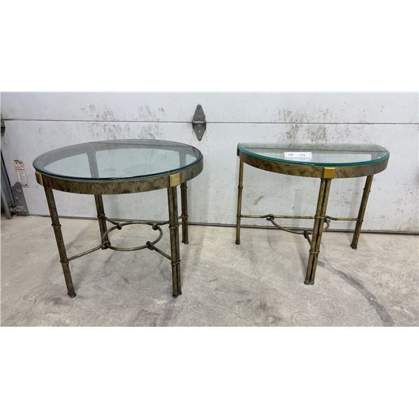 Hollywood Regency Faux Bamboo Brass and Glass Round Side Table, 22 x 26" and Demilune Console