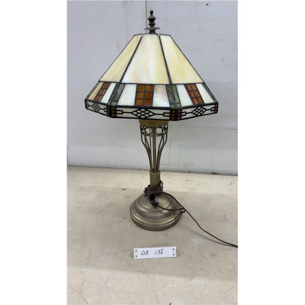 Tiffany-Style Table Lamp with Octagonal Stained Glass Shade and Bronze-Finish Base, 23" High. One
