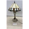 Image 1 : Tiffany-Style Table Lamp with Octagonal Stained Glass Shade and Bronze-Finish Base, 23" High. One