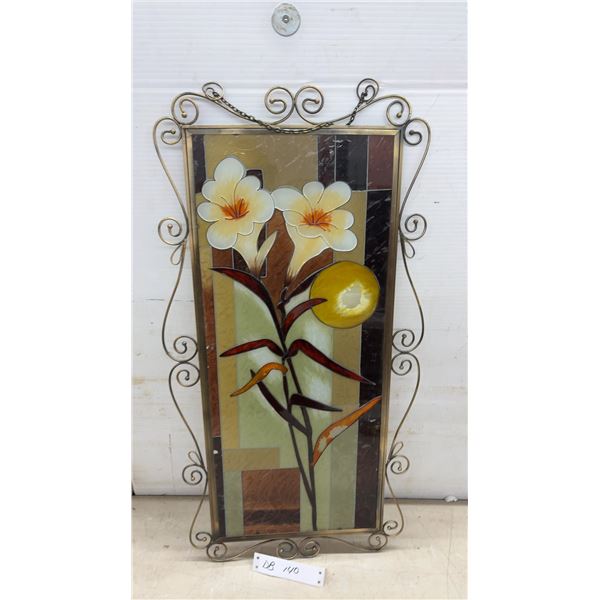 Stained Glass Floral Panel with White Lilies in Scrolled Bronze-Tone Metal Frame, 26 x 13