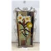 Image 1 : Stained Glass Floral Panel with White Lilies in Scrolled Bronze-Tone Metal Frame, 26 x 13