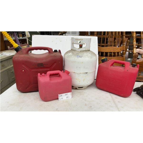 Manchester 20-Pound Propane Tank, Three Red Plastic Gasoline Cans