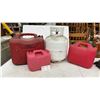 Image 1 : Manchester 20-Pound Propane Tank, Three Red Plastic Gasoline Cans