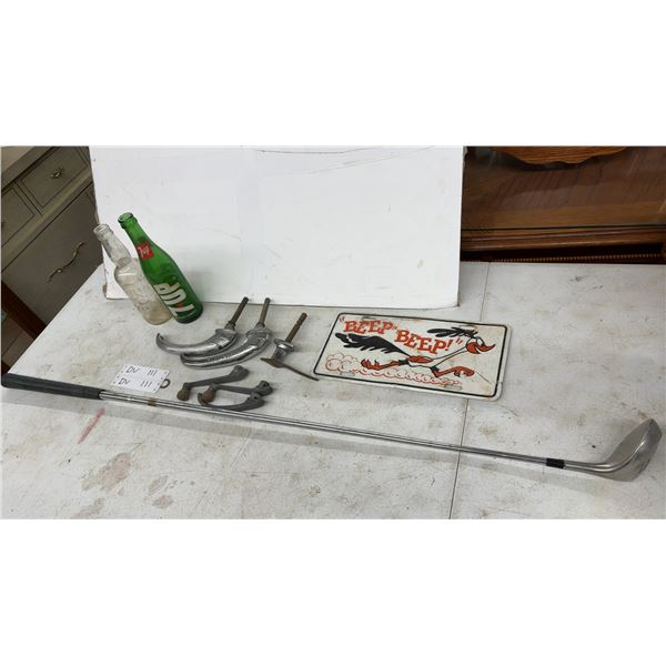 Spalding Executive XE 3-Wood Golf Club, Vintage 7UP Bottle, Road Runner License Plate, and More
