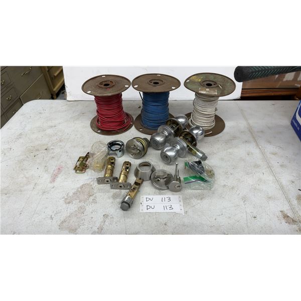 Three Spools Electrical Wire Red Blue White and Door Hardware Lot