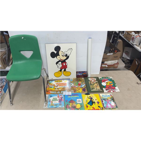 Mickey Mouse 16 x 20" Picture, 1970s Clear Resin Mounted Mickey Mouse Picture, Child's Chair