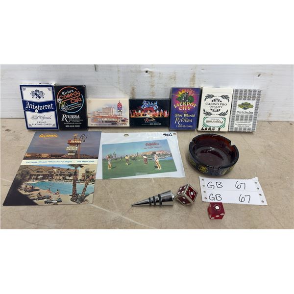 Las Vegas Casino Memorabilia: 7 Casino Card Packs, Aladdin Casino Dice, Ashtray, 2 Postcards, and