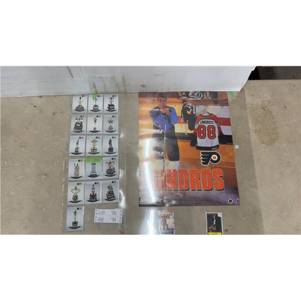 Eric Lindros 16 x 20" Poster, 2x Eric Lindros and Brett Lindros Rookie Cards, and 16 NHL Trophy's
