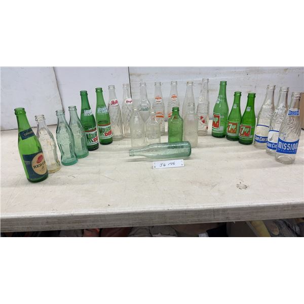 24 Vintage Soda Bottles, Carlings RedCap Alle with Paper Label, Mountain Dew, Sun Crest, Mission