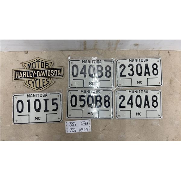 5 Vintage New Manitoba Motorcycle Plates & An Embroidered Harley Davidson Patch