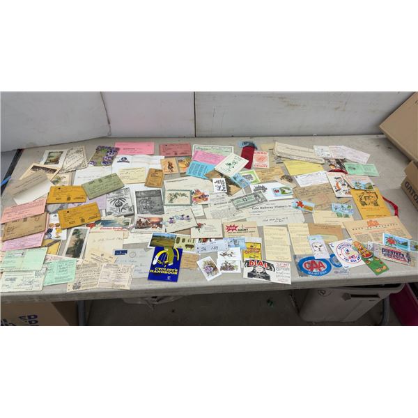 Box of Vintage Paper Ephemera, Letters with Stamps, Canadian Ration Books, Postcards, and More