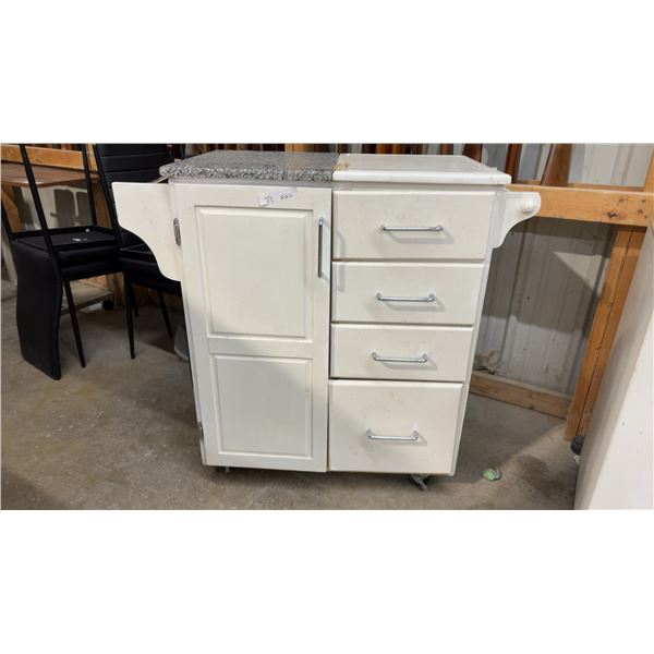 White Mobile Kitchen Island with Granite Top, Cabinet, and Four Drawers, 37 x 39 x 19" Bottom