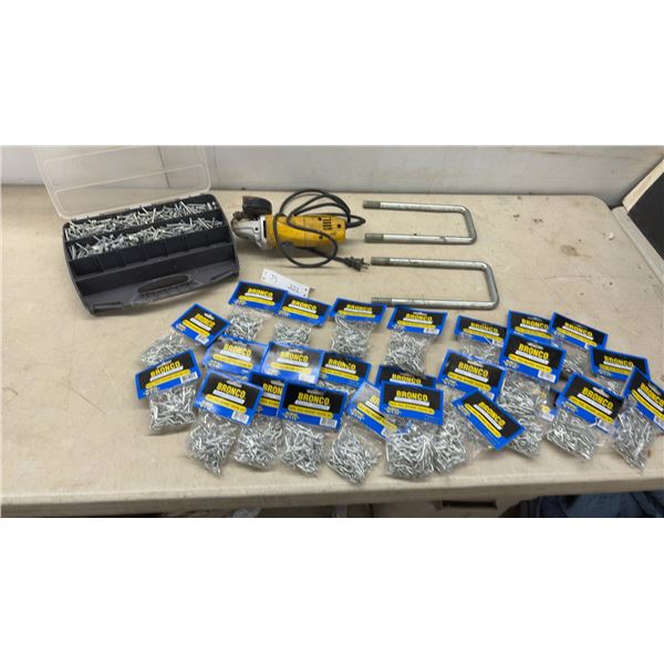 Corded Angle Grinder, 25 Pkgs Bronco 50-Piece Peg Board Hook Sets, U-Bolts, Nails, and More