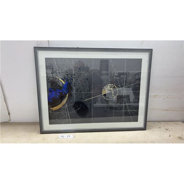 Framed Abstract Wall Art with Gold and Blue Accents and Geometric Overlay, 24 x 32"