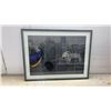 Image 1 : Framed Abstract Wall Art with Gold and Blue Accents and Geometric Overlay, 24 x 32"
