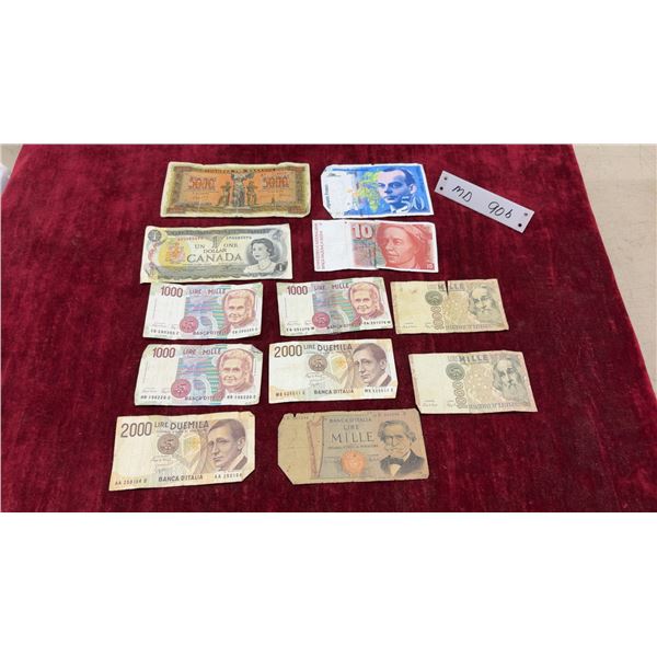 Vintage Out of Circulation International Banknote Collection: Italian Lire, Canadian Dollar, Swiss