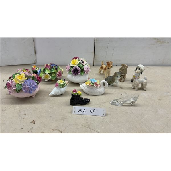 Porcelain Floral Bouquets, Swan Planter, Dog Figurines, Glass Slipper, and More