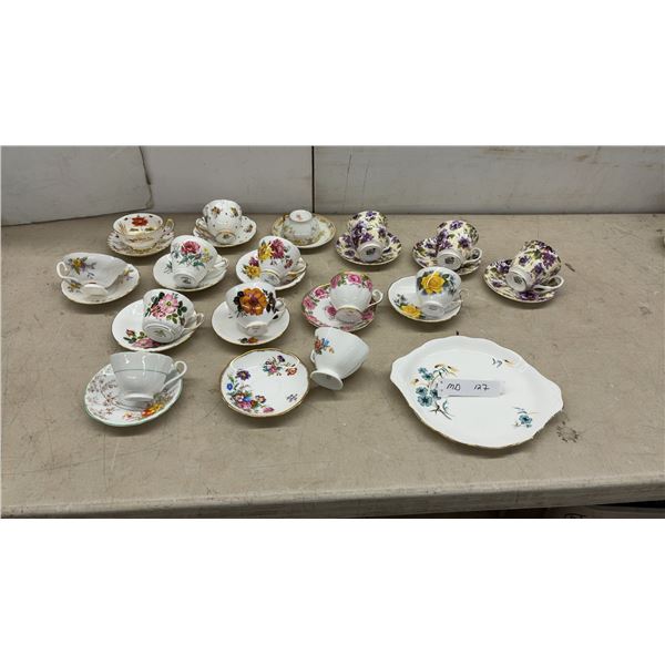 Collection of English Bone China Teacups and Saucers Including Royal Chelsea and More