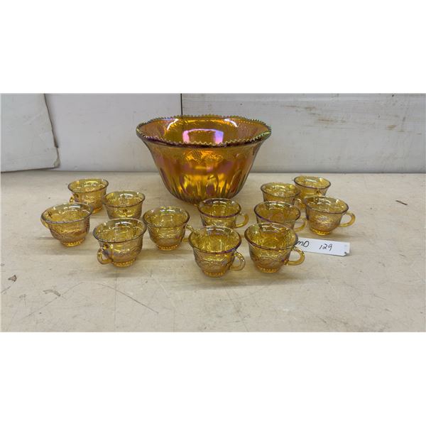 Northwood Grape and Cable Marigold Carnival Glass Punch Bowl Set with Twelve Cups
