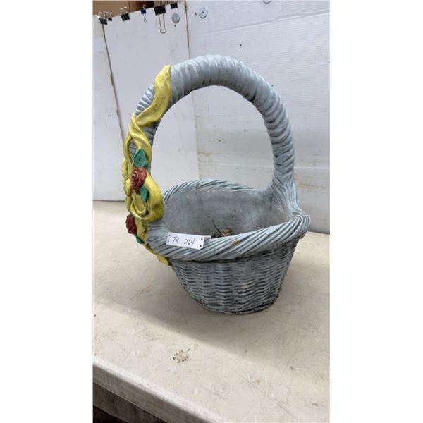 Decorative Concrete Wicker Basket Planter with Handle, Yellow Ribbon, and Roses, 23 x 18 x 19"