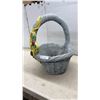 Image 1 : Decorative Concrete Wicker Basket Planter with Handle, Yellow Ribbon, and Roses, 23 x 18 x 19"