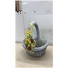 Image 5 : Decorative Concrete Wicker Basket Planter with Handle, Yellow Ribbon, and Roses, 23 x 18 x 19"