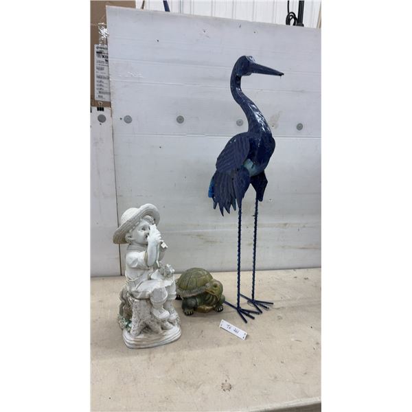 Metal Heron Garden Statue, 37" Resin Boy with Frogs and Dog Figurine, 18" & Turtle