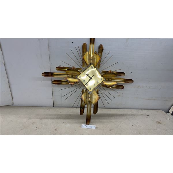 Mid-Century Modern Brutalist-Style Brass-Toned Metal Sunburst Wall Clock, 29 x 29"
