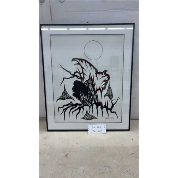 A. Watcheston Signed Indigenous-Style Print with Moon and Figure, Framed, 24 x 20"