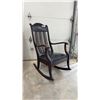 Image 1 : Antique Slatted Back Wooden Rocking Chair with Black Leather Upholstery and Tack Trim