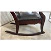 Image 2 : Antique Slatted Back Wooden Rocking Chair with Black Leather Upholstery and Tack Trim