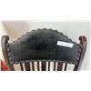Image 4 : Antique Slatted Back Wooden Rocking Chair with Black Leather Upholstery and Tack Trim