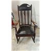Image 5 : Antique Slatted Back Wooden Rocking Chair with Black Leather Upholstery and Tack Trim