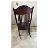 Image 6 : Antique Slatted Back Wooden Rocking Chair with Black Leather Upholstery and Tack Trim
