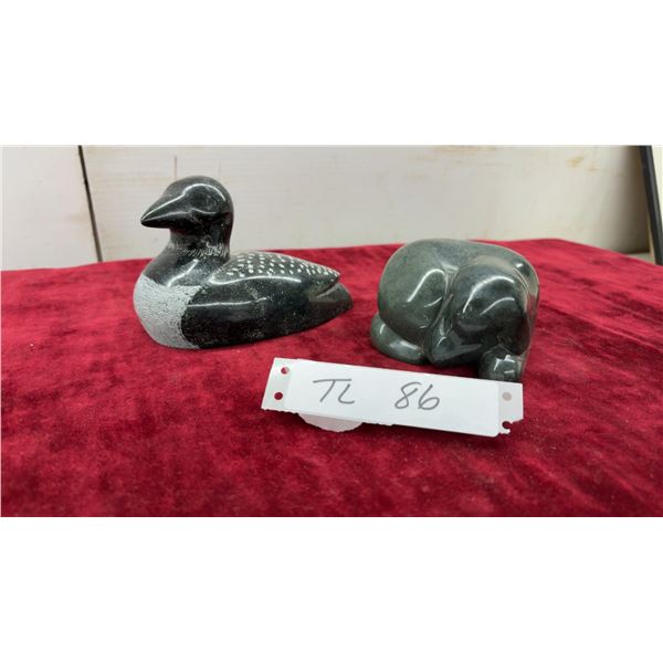 Soapstone Loon Carving 8 1/2" and Serpentine Curled Animal Figure Signed WWS 04