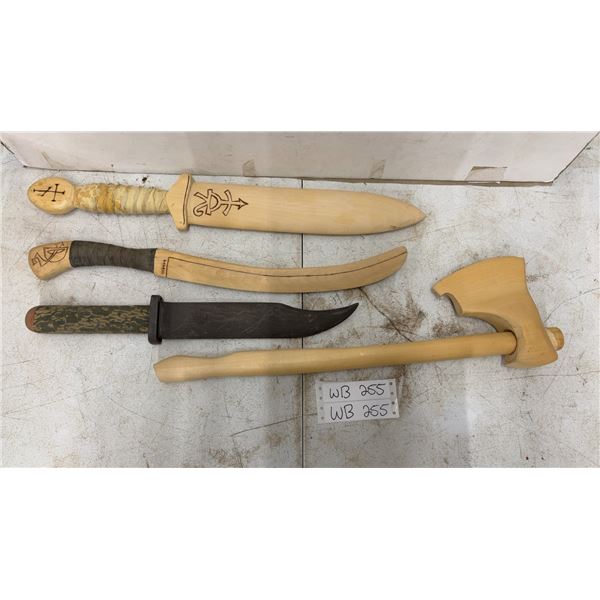 4-Vintage Hand Carved, Burned & Painted Wood Daggers