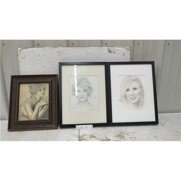 3 Vintage Pencil Sketches- 1 from 1967 by Manitoba Artist, Biggest 13 x 17"