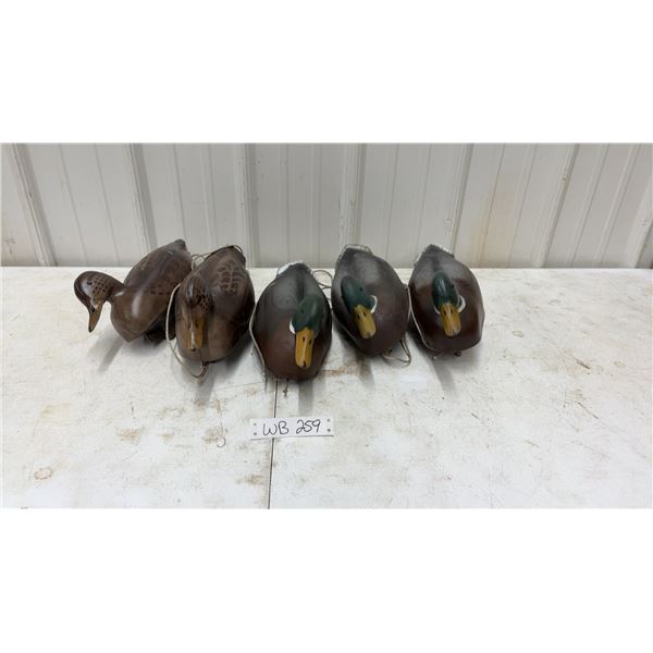 5 Vintage 1956 Plasti-Duk Inflatable Rubber Mallard Duck Decoys with Weights, Neumann & Bennett
