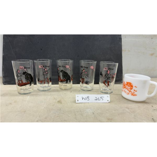 Five Walt Disney Davy Crockett Cocktail Glasses and The Beatles Milk Glass Mug