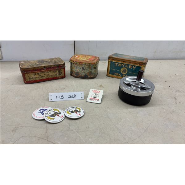 Vintage Cigarette Spinner Push Down Ashtray, Repeater Tobacco Tin, Tea Tin and More