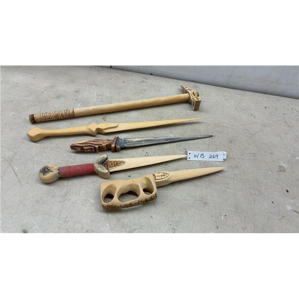 Set of Five Vintage Hand-Carved, Burned, and Painted Wood Daggers